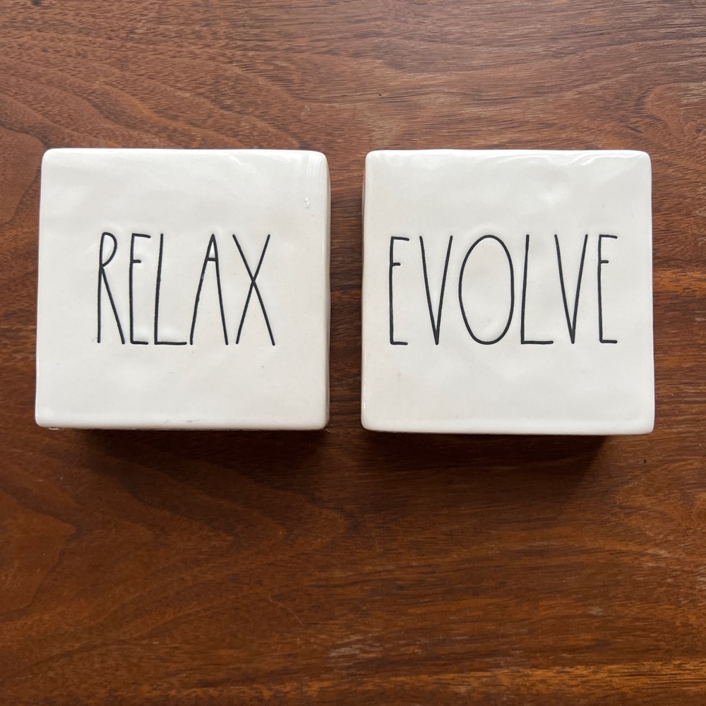 Rae Dunn RELAX/PAUSE & THINK/EVOLVE tiles paperweights office decor sayings